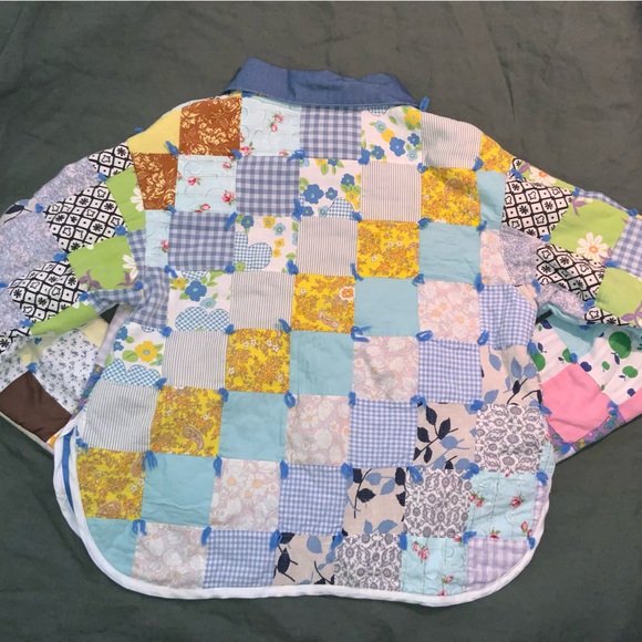 handmade quilt coat patchwork yarn ties blue floral gingham denim collar L/XL - Picture 5 of 6